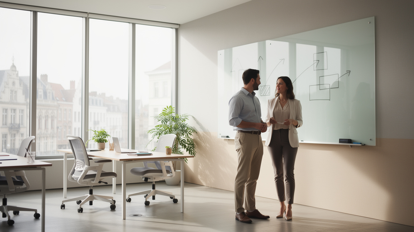 Modern office workspace with colleagues discussing near a whiteboard