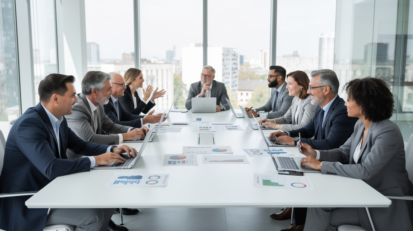 Group of business professionals discussing strategy around a table